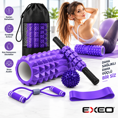 Exeo Foam Roller 5’li Masaj Egzersiz Seti  Rulo Top Direnç Bandı Pilates Yoga Fitness