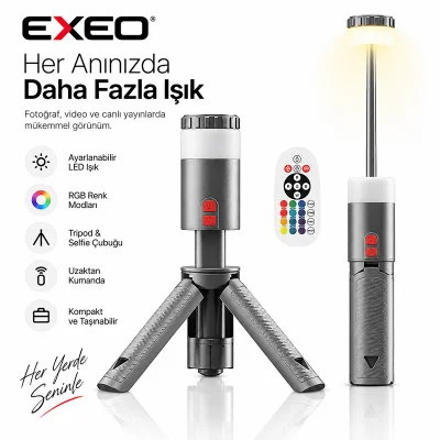 Exeo Şarjlı Kamp Feneri Teleskopik Lamba RGB LED Işık Kumandalı 10000 mAh Powerbank Özellikli