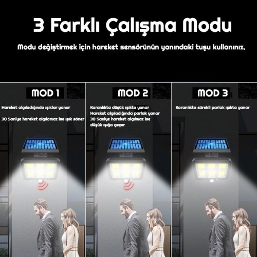 160 COB Solar LED Hareket Sensörlü Kumandalı Su Geçirmez 3 Modlu 160 COB Solar LED Hareket Sensörlü Kumandalı Su Geçirmez 3 Modlu