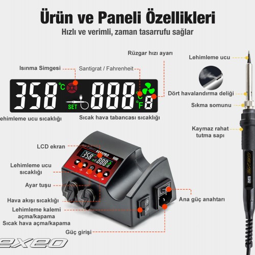 Exeo 8898 PRO Havya Sıcak Hava Üflemeli Havya İstasyonu Lehim Makinesi
