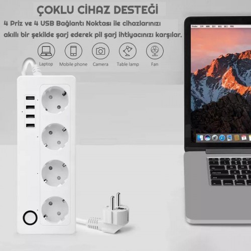 Exeo Akıllı Wifi Uzatma Kablolu 4lü Priz 4 Port USB Hızlı Şarj