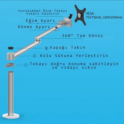 Exeo OL-1 Ayarlanabilir Tek Kol Amortisörlü Monitör Masa Tutucu Aparat