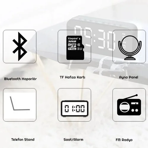 Exeo Bluetooth Kablosuz Hoparlör Radyo Masa Saat Alarm LED Exeo Bluetooth Kablosuz Hoparlör Radyo Masa Saat Alarm LED