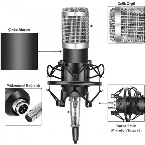 Exeo BM800 Profesyonel Youtuber Stüdyo Kayıt Mikrofonu Tripodlu