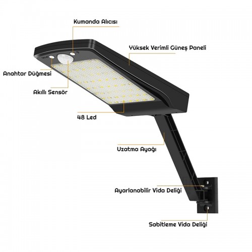 Exeo Güneş Enerjili 48Led Kumandalı Harekete Duyarlı Solar Lamba