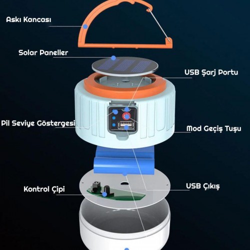 Exeo Güneş Enerjili Solar LED Su Geçirmez USB Şarjlı Kamp Feneri