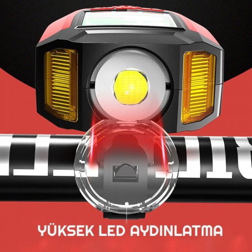 Exeo Led Bisiklet Ön Işığı Far 5 Modlu Alarm Korna Su Geçirmez