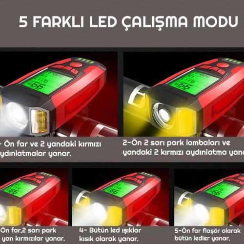 Exeo Led Bisiklet Ön Işığı Far 5 Modlu Alarm Korna Su Geçirmez