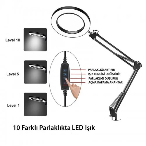 Exeo Masa Üstü Ayarlanabilir LED Işık 5x Mercekli Büyüteç Lamba