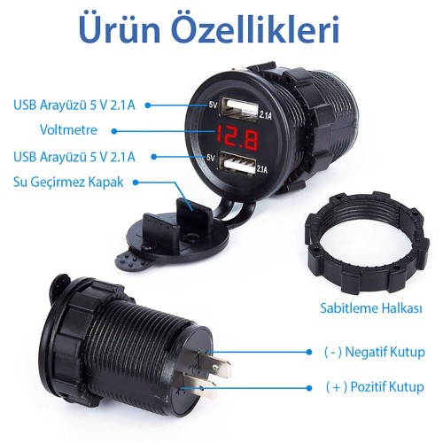 Exeo Motosiklet Otomobil Kamyon Tekne USB Şarj Soketi Exeo Motosiklet Otomobil Kamyon Tekne USB Şarj Soketi