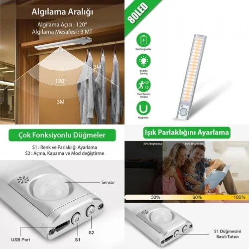 Exeo Şarjlı 120 Led Dolap Işığı Mutfak Tezgah Altı Sensörlü Işık Exeo Şarjlı 120 Led Dolap Işığı Mutfak Tezgah Altı Sensörlü Işık