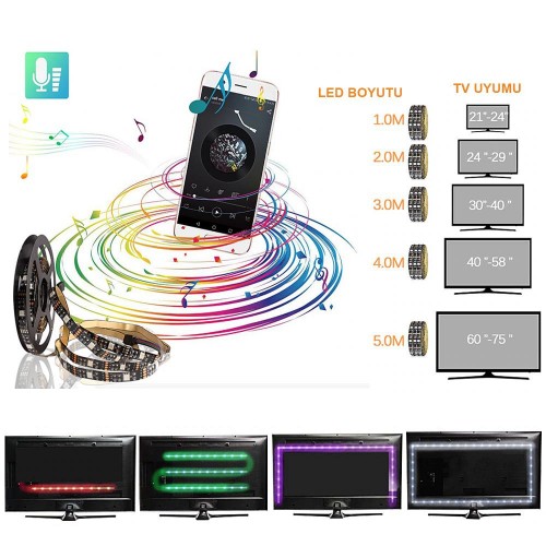 Exeo Tv Arkası Bluetooth RGB USB Şerit Led Slikonlu 3 Mt Exeo Tv Arkası Bluetooth RGB USB Şerit Led Slikonlu 3 Mt