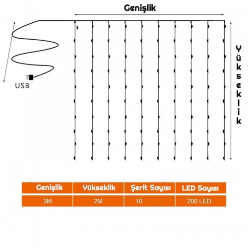 Exeo USB Perde Peri Led Kumandali Dekoratif Su Geçirmez Sarı